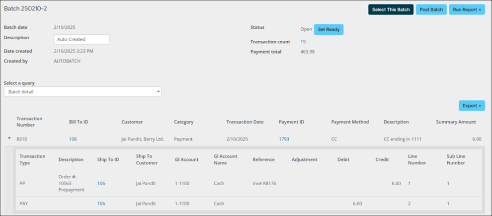 Batch window with transaction expanded for more details